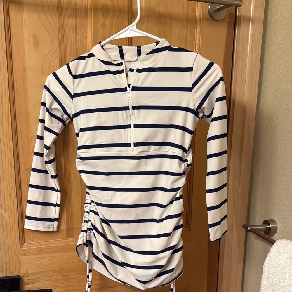 Mott50 White and Blue Rashguard Nautical Stripe Swim Top